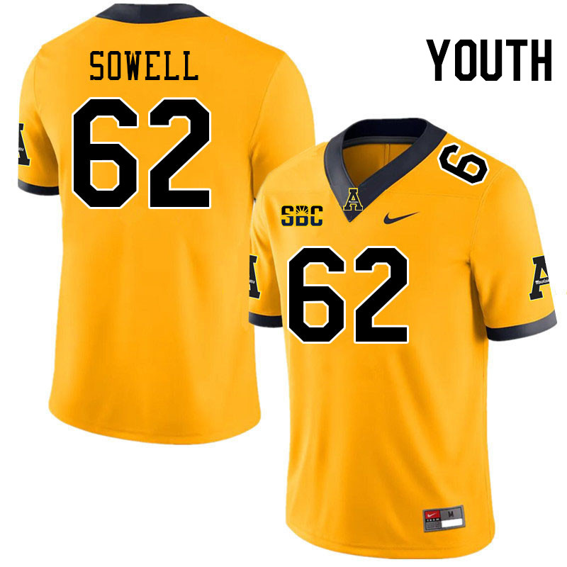 Youth #62 JT Sowell Appalachian State Mountaineers College Football Jerseys Stitched-Gold